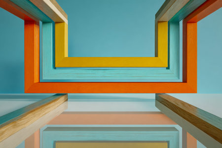 Vibrant wooden frames in bold blue, orange, and yellow hues form a perfect symmetry, mirrored on a shiny surface that results in an eye-catching geometric mosaic agaの写真素材