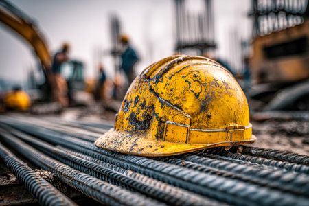 A worn yellow helmet lies atop steel rebar, amid a bustling construction zone with faint figures and equipment blurred in the overcast backdrop.の写真素材