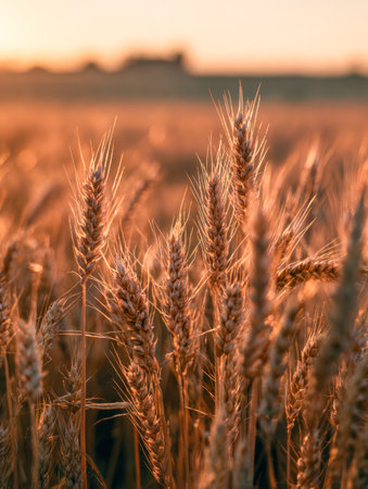 Tall, ripe wheat sways gently in the evening breeze, bathed in the soft glow of the setting sun, creating a serene and idyllic rural landscape.の写真素材