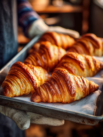 Crispy, flaky croissants with a rich golden hue rest on a tray, gently grasped by a gloved hand, bathed in gentle morning light in a inviting kitchen.の写真素材