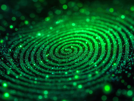 A luminous green digitized fingerprint emerges amidst shimmering particles, set against a dark, high-tech backdrop evoking digital security and innovation.の写真素材