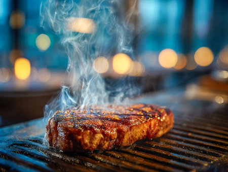 A mouthwatering steak cooks over a grill, releasing fragrant smoke amid warm, glowing lights that create an inviting ambiance in a cozy indoor space.の写真素材