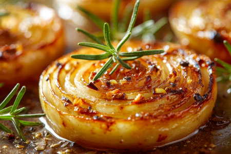 Crispy, golden-brown onion medallions topped with fragrant rosemary, infused with garlic and spices, exuding a deliciously savory and inviting aroma.の写真素材