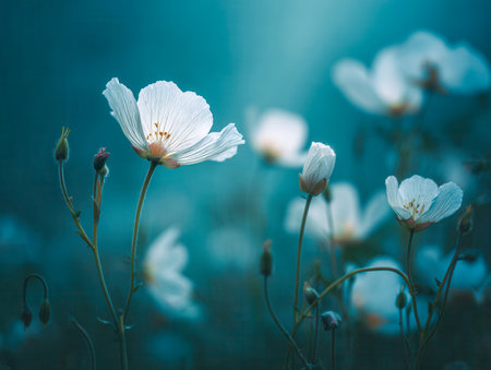 Tender white blossoms open gently amidst gentle light, set against a calming, out-of-focus backdrop of blue-green hues, evoking serenity and floral elegance.の写真素材