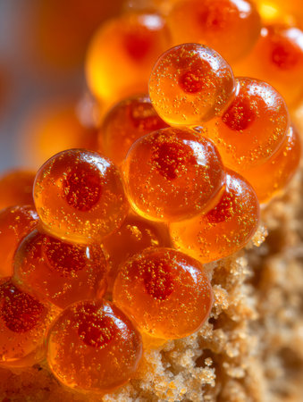 Vibrant orange eggs shimmer softly, nestled amid tiny bubbles on a textured sandy bed, creating a mesmerizing underwater scene brimming with life.の写真素材