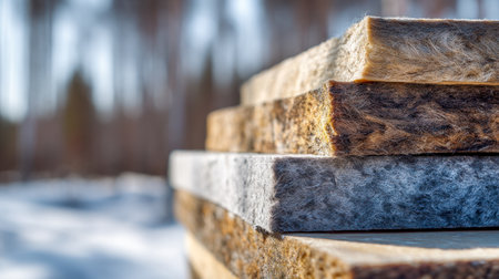 Rugged wool panels with rich fibers and visible layers emphasize eco-conscious craftsmanship in outdoor sustainable building projects.の写真素材