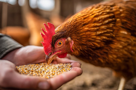 A gentle hen in a warm barn gently treads on scattered feed, highlighting authentic farm moments and caring connection between farmer and poultry.の写真素材