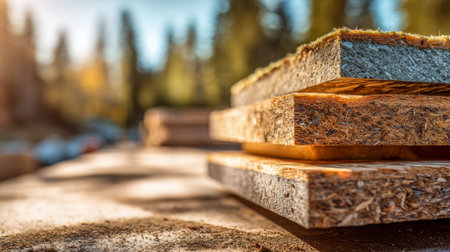 Warm sunlight accentuates rugged wood panels with textured finishes, stacking outdoors to showcase craftsmanship and raw natural beauty.の写真素材