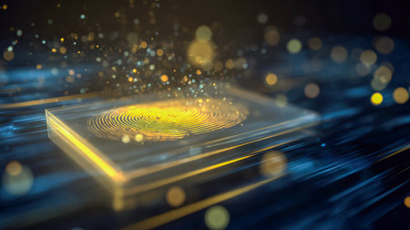 A sleek, high-tech fingerprint recognition device illuminated by vibrant blue and gold neon accents, embedded on a clear glass surface, epitomizing cutting-edge secuの写真素材
