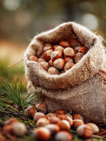 A weathered burlap bag brimming with recently picked hazelnuts gently cascades onto a forest floor, bathed in golden sunlight with a dreamy, out-of-focus backdrop.の写真素材