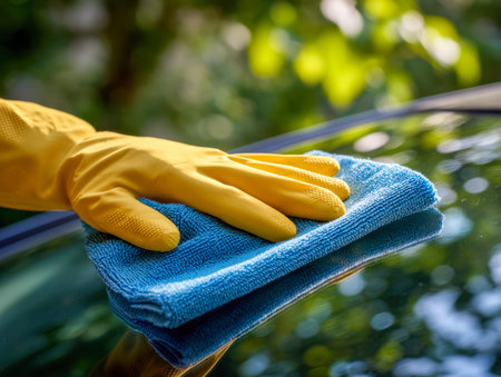 A skilled individual in vibrant yellow gloves gently buffs a glaming vehicle surface with a blue cloth, surrounded by lush greenery on a bright outdoor day.の写真素材