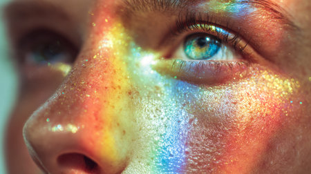 A luminous display of multicolored hues cascades across a person's skin, illuminating fine textures and capturing the depth and sparkle in the eye with vibrant, shifの写真素材