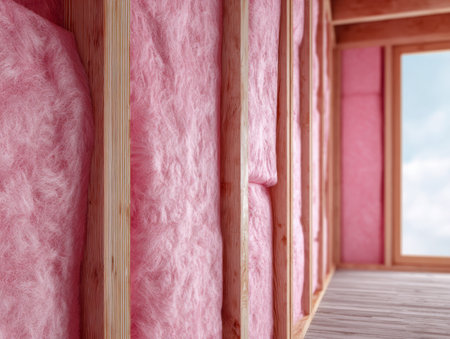 A worker positions carefully vibrant pink fiberglass batt between rustic wooden framing, enhancing home warmth and energy savings during construction.の写真素材