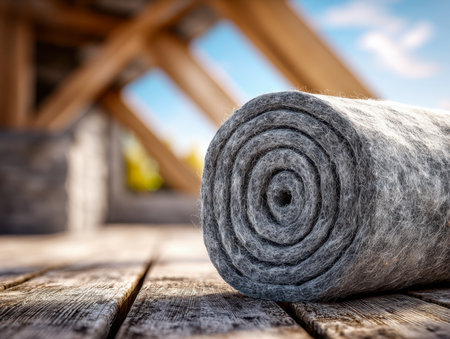 Sunlit attic with earthy fiber rolls on aged wooden planks, glowing beams overhead, and a clear blue sky visible through attic windows, evoking warmth and rustic chaの写真素材