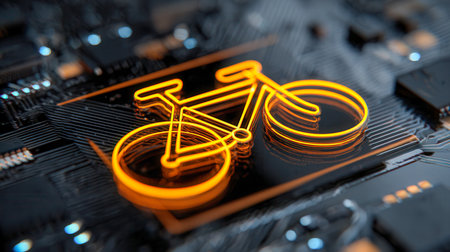 A vibrant, luminous bicycle emblem set against a sleek, dark technological grid, representing advancements in connected urban mobility and innovative transit solutioの写真素材