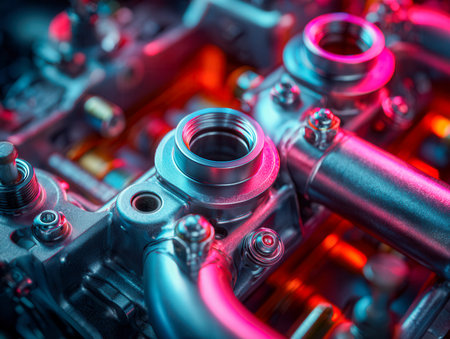 An intricate array of gleaming metal parts, highlighted by vivid blue and pink illumination, emphasizing the sophistication and craftsmanship of modern mechanical deの写真素材