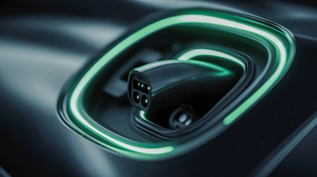 A sleek, cutting-edge electric vehicle connector illuminated by a vibrant green halo, embodied innovation in eco-conscious mobility and sustainable innovation.の写真素材