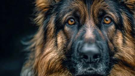 A regal, sizable dog with a rich brown and black coat, piercing amber eyes, and a keen, vigilant expression, set against a softly blurred dark backdrop highlightingの写真素材