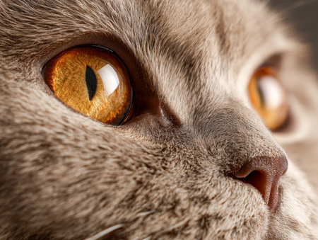 A close-up of a feline's face showcases intricate fur patterns and piercing amber eyes, bathed in gentle natural light highlighting its keen expression and delicateの写真素材