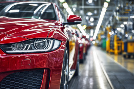 A row of glossy crimson performance vehicles awaits meticulous inspection under bright, contemporary factory lighting, showcasing precision engineering and modern deの写真素材