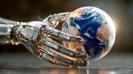 A sleek, silver robotic limb cradles a luminous nano-earth, symbolizing innovation and interconnectedness amidst a high-tech, visionary backdrop.の写真素材