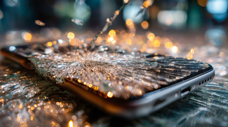 A broken smartphone display rests on a glossy surface, showing dazzling reflections and complex cracks that evoke a sense of fragility and aftermath.の写真素材