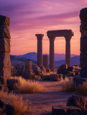 Weathered stone pillars stand silently amidst fallen ruins, illuminated by amber sunset hues under a gentle purple sky, with distant mountains adding tranquil majestの写真素材