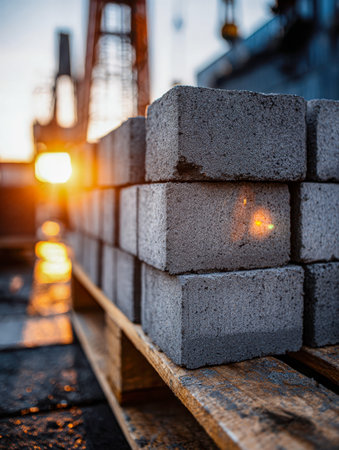 Sunlit concrete blocks arranged on a wooden pallet, basking in the glow of a sunset, capturing the calm, productive atmosphere of a developing construction zone.の写真素材