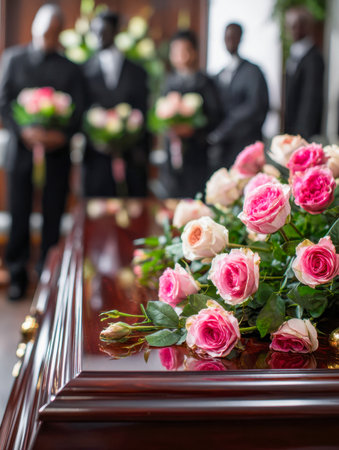 Delicate pink and white blooms grace a glaming wooden casket, amid a somber gathering of mourners in a refined indoor setting.の写真素材