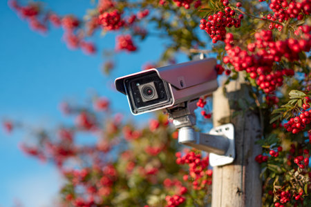 A security camera utters vigilance amid lush greenery and vibrant red berries, under a crisp blue sky, capturing the harmony of nature and modern oversight.の写真素材