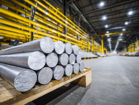 A neatly arranged pile of steel bars rests on a wooden platform amid an expansive factory space, illuminated by strong overhead lights and supported by vivid yellowの写真素材