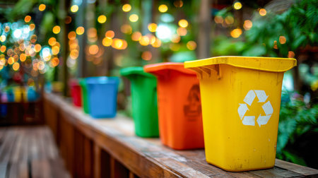 Colorful bins arranged on a rustic wooden platform amidst twinkling lights and vibrant greenery, evoking a cheerful, eco-conscious outdoor setting.の写真素材