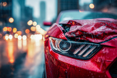 A crimson vehicle with heavy front-end harm rests on a rainy urban road as evening traffic flows by, blurred city lights creating a moody, tense atmosphere.の写真素材