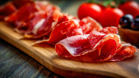 An artful presentation of delicate cured meat strips layered on a rustic wooden board, complemented by glossy black olives and vibrant cherry tomatoes, embodied sopの写真素材