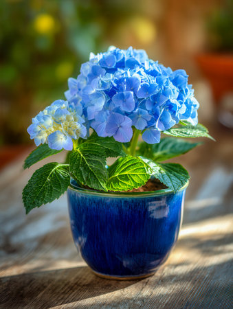 A radiant cluster of blue hydrangeas blooms vibrantly in a lively ceramic container, resting on a sunlit wooden table with a tranquil, softly blurred outdoor sceneryの写真素材