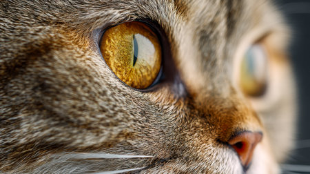 An intimate portrait capturing the feline's mesmerizing amber eyes and richly textured coat, revealing their captivating stare and intricate natural markings.の写真素材