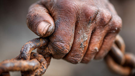 A rugged, sun-kissed hand clenches a corroded iron link, revealing cracked skin and calluses, capturing resilience and dedication in natural outdoor light.の写真素材