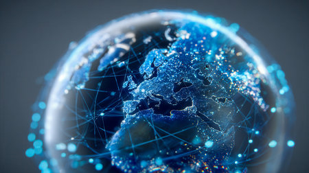 A luminous, futuristic globe showcasing glowing landmasses and vibrant network links that highlight global connectivity and advanced communication systems.の写真素材