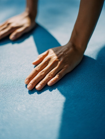 Sunlight accentuates the textured surface as hands firmly anchor a stretching pose, creating dramatic shadows on a vibrant blue workout mat.の写真素材