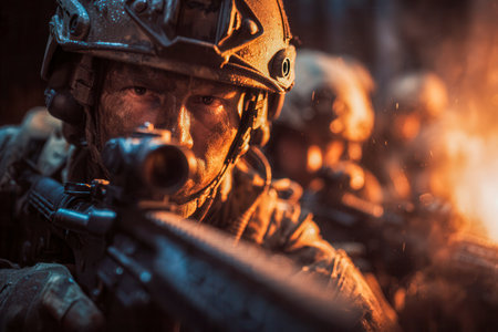 A focused soldier peerlessly scans his target through a scope amid a blazing night scene, with comrades in tactical gear lurking in the fiery backdrop.の写真素材