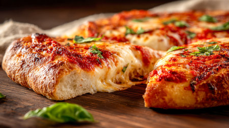 A hearty pizza slice featuring gooey melted cheese, fragrant basil leaves, and rich tomato sauce on a crisp, golden crust, presented atop a rustic wooden board for aの写真素材