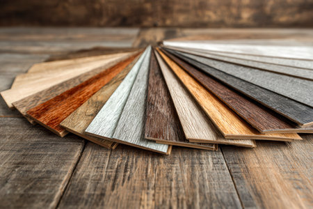 A diverse array of laminate wood samples spread across a weathered wooden table, highlighting rich textures and earthy tones ideal for stylish home interiors.の写真素材