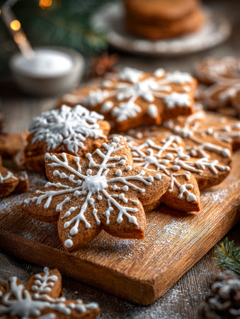 Delicately crafted gingerbread cookies in snowflake forms, adorned with detailed white icing, resting on a rustic wooden surface, evoking festive warmth and holidayの写真素材