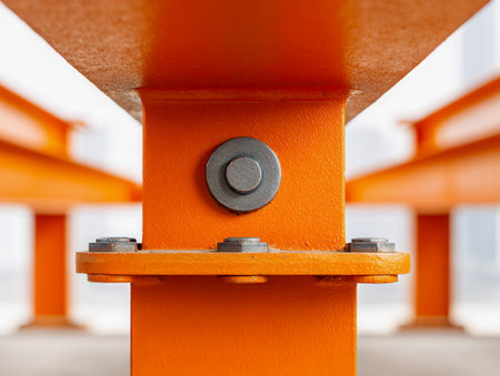Close-up of a vivid orange steel frame, meticulously assembled with heavy-duty bolts, highlighting robust engineering and precise construction craftsmanship.の写真素材