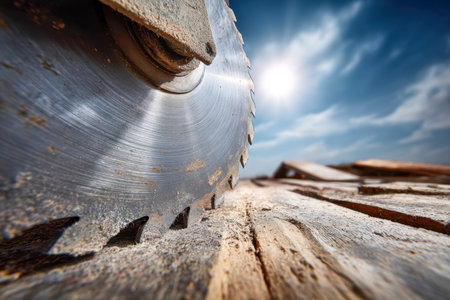 A sharp, spinning saw blade slices through aged timber, captured from below against a vibrant sky, evoking craftsmanship and outdoor workshop scenes.の写真素材