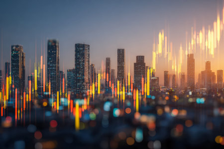 A bustling cityscape bathed in twilight, digitally animated with colorful candlestick charts illustrating evolving market dynamics and vibrant trading patterns.の写真素材