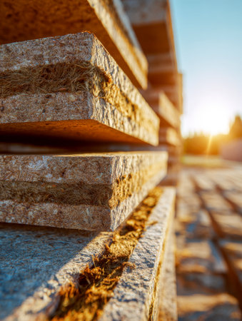Sun-kissed fiber panels are carefully stacked to dry under warm afternoon rays, with a blurred construction scene glowing at dusk in the background.の写真素材
