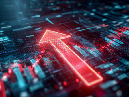 A vibrant red arrow soars upward over sleek, high-tech graphs and digital interfaces, symbolizing rapid market growth and innovative financial insights.の写真素材
