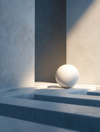 A sleek, contemporary space where a polished white orb creates gentle shadows amidst angular concrete panels illuminated by diffuse daylight.の写真素材