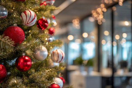 Colorful holiday cheer brightens a contemporary workspace with a lively tree decorated in shimmering silver and bold red baubles, set against softly glowing backgrouの写真素材